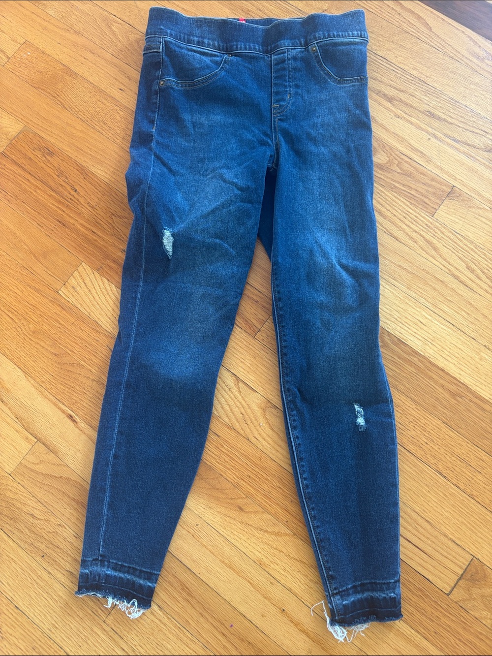 SPANX Dark Blue Stretch Skinny Jeans with Distressed Hem